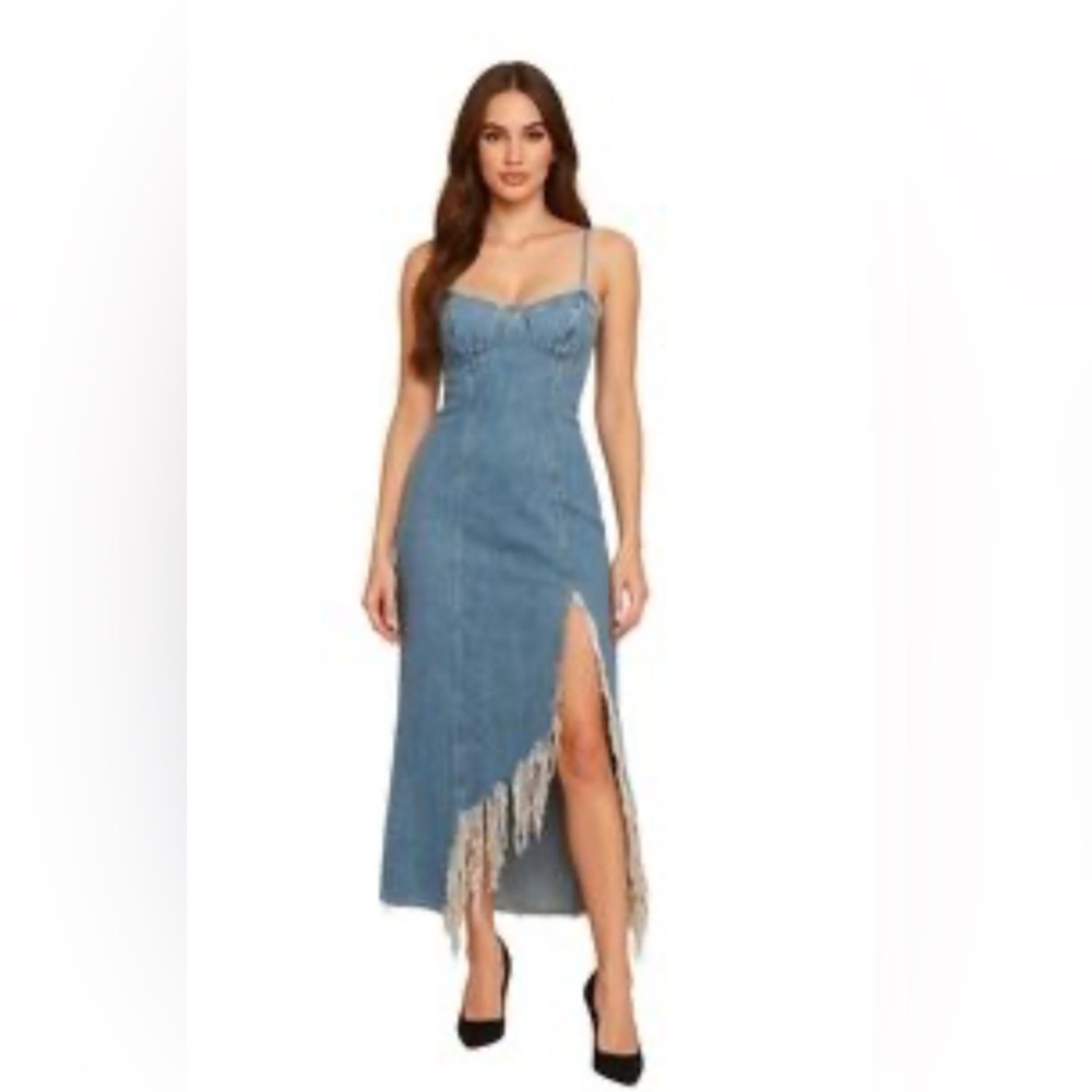 Good American Blue Denim Fringe Midi Dress with Side Slit